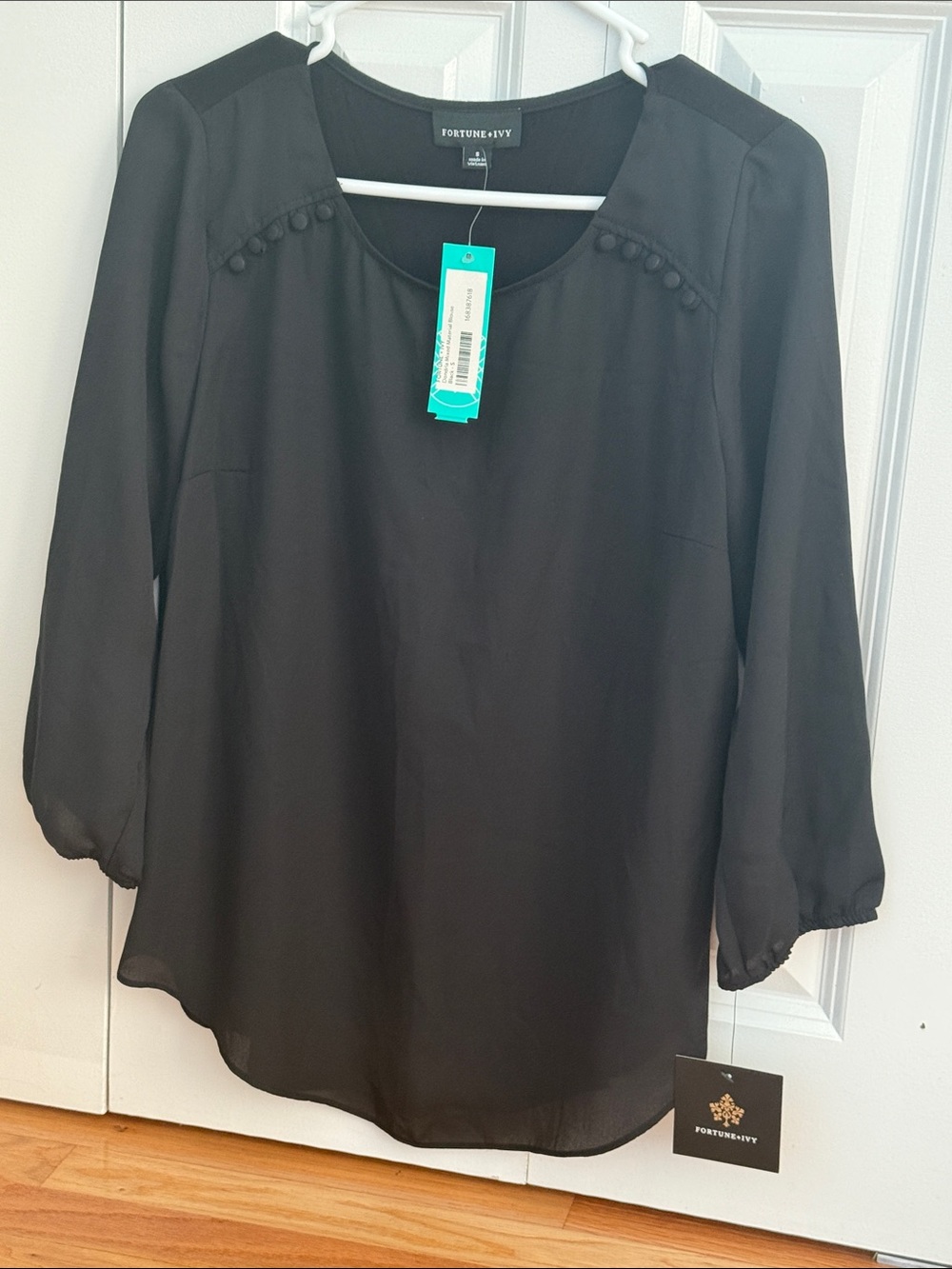 Fortune+Ivy Black Long-Sleeve Button-Trim Blouse